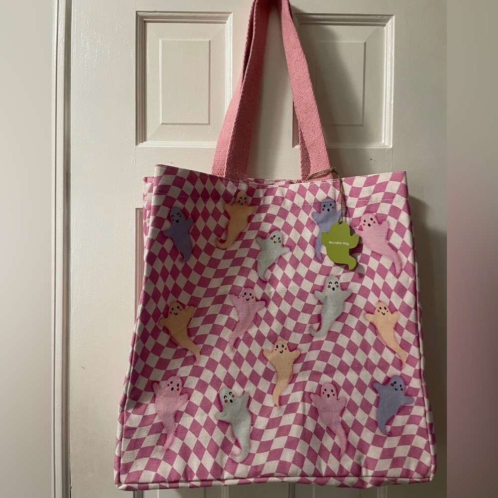 Pink Checkered Halloween Ghost Canvas Bag Tote NWT